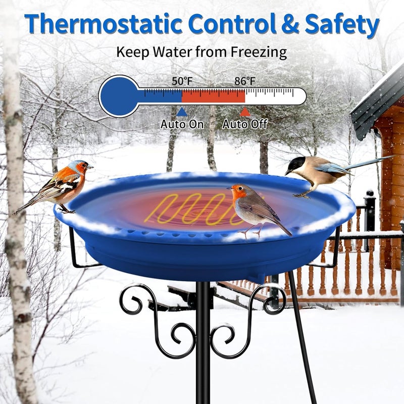 Lovppy Heated Bird Baths for Outdoors for Winter, 100W Heated Bird Bath Water Heater with Thermostatically Controlled, Heated Bird Baths Bowl with Metal Stake for Outside Garden Patio Yard (Blue) - Image 3
